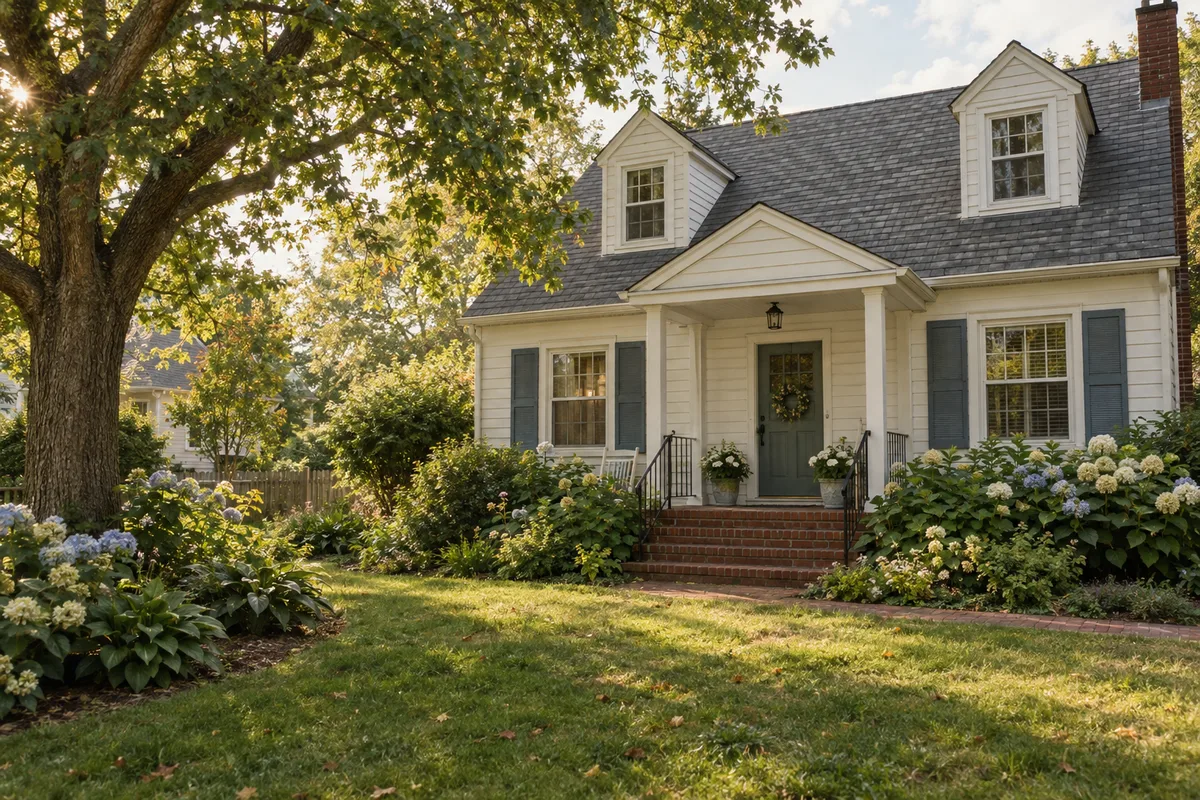 Illustrative older white house with a front porch and mature garden